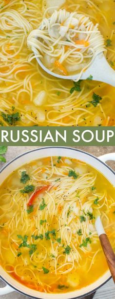 two bowls of soup with noodles and vegetables