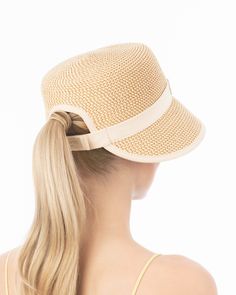 A women's designer bucket shaped sun visor for sale online inspired by women that do not want to look and feel overwhelmed by their hat. Pamie is a playful hybrid of a closed crown visor and fashionable bucket of Squishee® straw, trimmed with grosgrain ribbon for a chic, polished look. Squishee® is a man-made straw fiber resembling raffia which is lightweight, breathable and water-resistant. In addition to being environmentally friendly it offers several practical advantages including increase d Spring Brimmed Visor With Upf 50+, Adjustable Toquilla Straw Sun Hat With Structured Crown, Spring Vacation Sun Hat With Structured Crown, Straw Hat With Structured Crown For Spring, Summer Vacation Hats With Structured Crown, Structured Crown Summer Hat For Vacation, Vacation Straw Hat With Structured Crown, Spring Upf 50+ Brimmed Visor, Chic Straw Visor Sun Hat