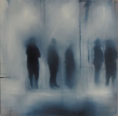 an abstract painting of people standing in the rain