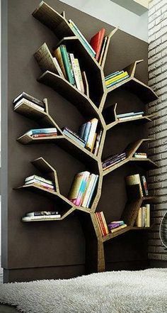 there is a book shelf with many books on it