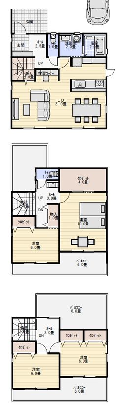 three floor plans for a small house with two separate rooms and one living room in the middle