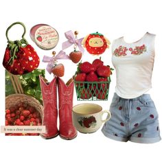 a woman wearing shorts and boots with strawberries in the basket next to her shirt