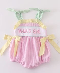 Embroidered Mama's Girl Seersucker Bubble Outfit New  Sizes 3 mo to 24 month  Sizes available  3 month 6 month 9 month 12 month 18 month 24 month Spring Gingham Bubble Romper With Ruffles, Playful Gingham Bubble Romper For Spring, Cute Gingham Bubble Romper For Spring, Spring Gingham Bubble Romper For Playtime, Cute Spring Gingham Bubble Romper, Sweet Cotton Bubble Romper For First Birthday, Pink Cotton Bubble Romper For Playdate, Playful Pink Cotton Bubble Romper, Playful Gingham Cotton Bubble Romper