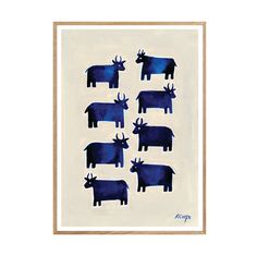 six blue cows are standing in a row on a white background with brown trim around the edges