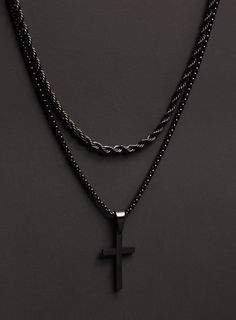 Necklace set for men - Stainless steel black rope chain AND black cross - Buy 2 and save, gifts for men, father, husband, son. Black jewelry. By popular demand we now offer the two most sold items that customers buy together and at a discount ($10 off buying them together). This set includes: -Black Cross pendant on Round Box Chain ($40) -Black Rope chain necklace. ($34) BUY BOTH FOR $64 ($10 savings) Material: Coated Stainless Steel Clasp: Lobster Clasp Available Lengths for the sets: Rope 18 i Black Rope Chain Necklace For Gift, Minimalist Black Cross Jewelry, Minimalist Black Jewelry For Father's Day, Black Cross Pendant Jewelry Gift, Minimalist Black Cross Pendant Jewelry, Black Cross Necklace As Gift, Black Cross Pendant Necklace Gift, Black Stainless Steel Cross Jewelry, Black Stainless Steel Necklace With Cross Pendant