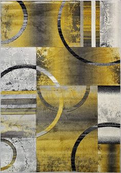 a yellow and gray rug with circles on it