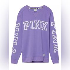 W E L C O M E To My Closet ................ Victoria's Secret Pink Everyday Campus Pullover M Brand New In Factory Packaging Description * Size: Medium * Features An Oversized Fit. * Everyday Campus Lounge Fleece Fabric * 28" Tunic Length * Chest = 22 (Under Arm To Underarm) * Split V-Neck Front Detail * Imported Cotton Blend * Color: Purple ................ Mailed Out Next Business Day No Additional Discount, Lowest Price Given All My Items Are 100% Authentic Thank You Purple Letter Print Sweatshirt, Purple Tops With Ribbed Cuffs, Victorious Secret, Victora Secret, Vs Pink Outfit, Pink Lounge, Pink Outfits Victoria Secret, Adidas Wallpapers, Victoria Secret Outfits