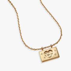 Meditate on your affirmations daily to soak them into your very essence. This gold affirmation charm necklace features a hidden message charm inscribed with “The good things in life are better with you.” Flip the cut-out, crystal-embellished heart charm to reveal the entire affirmation. With elevated detailing, this adjustable charm necklace can be layered for everyday wear or stand alone on your night out look. Diamond-cut cable chain length: 18", adjusts to 16" Finishes: Shiny Gold Nickel-free Everyday Spiritual Yellow Gold Charm Necklace, Gold Meaningful Charm Necklace For Everyday, Everyday Meaningful Gold Charm Necklace, Inspirational Gold Heart Jewelry, Inspirational Heart-shaped Gold Jewelry, Meaningful Gold Necklaces With Charms, Everyday Meaningful Engraved Charm Necklaces, Everyday Engraved Meaningful Charm Necklaces, Inspirational Pendant Charm Necklaces For Everyday