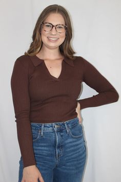 'Sadie' Collared Knit Top in Brown – Lavender and Poppy Collared Knit Top, Classic Brown, Ribbed Knit Top, Large Bust, Small Bust, Stretchy Material, Knit Top, Ribbed Knit, Casual Outfits