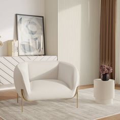 a modern living room with white furniture and striped drapes on the windowsills