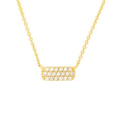 Make a statement with just one piece. This 14k yellow gold Diamond Pave Bar Necklace is covered in diamonds. - available in 14k yellow and white gold - diamond: approximately 0.07 carat total weight; G-H color, SI clarity - extendable chain; 15” to 18” - lobster clasp Dainty Bar Necklace, Diamond Bar Necklace, Diamond Stacks, Diamond Bar, Classic Gold, Baguette Diamond, Bridal Necklace, Gold Hoops, Bar Necklace