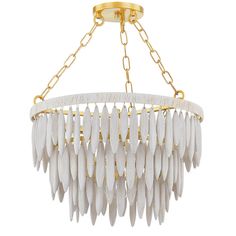 a chandelier with white feathers hanging from it's gold chain link links