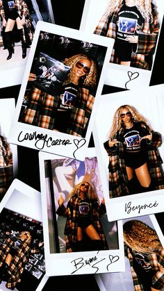 several photos of the same woman in plaid shirts and shorts, all with their name written on them