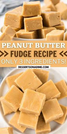 peanut butter fudge recipe on a white plate with text overlay that reads, peanut butter fudge recipe only 2 ingredients