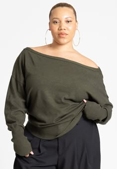 Plus Size Off The Shoulder, Fran Fine, Night Out Tops, Slouchy Sweater, Mix Style, Plus Size Sweaters, Wide Leg Denim, Sweater Blouse, Green Jacket