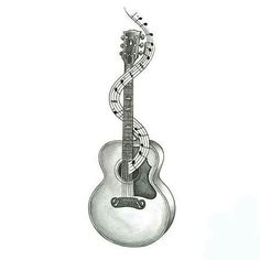 a drawing of an acoustic guitar with musical notes on it's back and neck