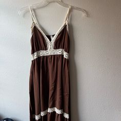 Brand New! Never Worn. Bought This When I Went On A Trip To Italy Over The Summer And Never Ended Up Wearing It. Size Is A Small. Casual Brown Dress With Lace Trim, Casual Cream Maxi Dress With Lace Trim, Cotton Maxi Dress With Lace Trim For Brunch, Brown V-neck Dress With Lace Trim, Cotton Maxi Dress With Lace Trim And V-neck, Trip To Italy, Italian Designer, Lace Midi, Cream Lace