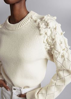 Floral-Appliqué Knit Sweater - White - Sweaters - & Other Stories US Applique Blouse, Floral Knit, Mock Neck Sweater, Floral Applique, White Sweaters, Knit Jumper, Knit Fashion, Fashion Story, Mulberry Silk