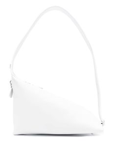 white calf leather asymmetric design single flat top handle top zip fastening side zip fastening main compartment White Shoulder Bags, Asymmetrical Design, Flats Top, Baby Shark, White Bag, Top Handle, Leather Shoulder Bag, Side Zip, Calf Leather