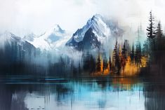 a painting of mountains and trees with water