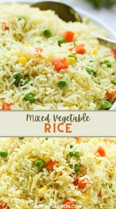 two pictures of mixed vegetable rice in a white bowl