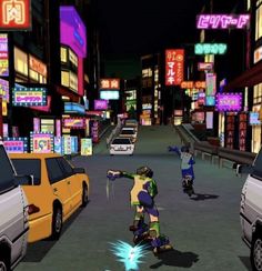 two skateboarders are in the middle of a city street at night with neon signs