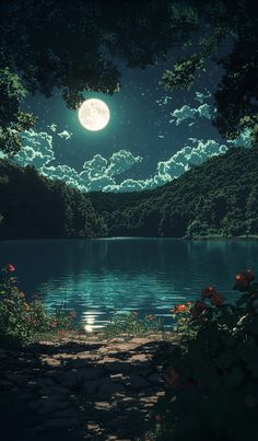 A tranquil night scene with a full moon shining brightly over a calm lake surrounded by lush green hills and blooming flowers. The moonlight reflects on the water, creating a serene and peaceful atmosphere.
#moonlitnight #serenesky #naturebeauty #nightlandscape #moonlightreflection #calmlake #forestnight #aiart #digitalnature #peacefulscenery Night Landscape Aesthetic, Full Moon Wallpaper Aesthetic, Blue Moonlight Aesthetic, Fall Night Wallpaper, Lake At Night Aesthetic, Water Background Aesthetic, Peaceful Wallpaper Aesthetic, Lake Moonlight, Digital Art Scenery