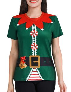 a woman wearing an ugly christmas sweater with candy canes and bells on her chest