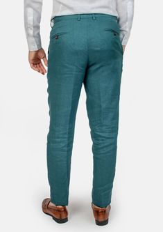 Stand out from the crowd in the Deep Teal Linen Pants. Made from a pure linen that keeps you looking sharp without compromising comfort. Expertly crafted your style and custom made to your unique size. Look your best with a summer favorite. Linen Trousers With Welt Pockets, Fitted Linen Ankle-length Pants, Fitted Linen Straight Pants, Fitted Linen Tapered Leg Pants, Fitted Linen Bottoms For Summer, Fitted Linen Trousers, Fitted Linen Bottoms With Pockets, White Linen Shirt, Body Posture