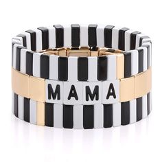 PRICES MAY VARY. You're a mama bear and proud of it! Show off to the world how much your cubs mean to you with this trending tile bracelet,A sweet tile bead bracelet for your sweet, sweet mama! This tile enamel bracelet is a stretch bracelet with gold metal beads and block letter beads that spell the word "mama",and the white&black tile bracelet means mother's Strict and Love to you. Tile bracelet measurement approx 7.0" wrist,They're set on a stretch base to effortlessly slip on and off as you Angela Lanter, Tile Bracelet, Mama Bracelet, Amethyst Crystal Necklace, Bracelets With Meaning, Mothers Bracelet, Hematite Bracelet, Gold Dragon, Enamel Bracelet