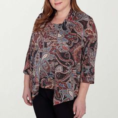 This Alfred Dunner women's plus top features an eye-catching pattern and an effortlessly chic layered design with an open front that is perfect for day-to-night wear. It's made from a knit fabric for a regular-fit and has a round neckline and flowy, three-quarter sleeves. It also includes a removable necklace that completes the look. Included: 1 Necklace(s)Features: Removable NecklaceClosure Type: Pullover HeadFit: Regular FitNeckline: Round NeckSleeve Length: 3/4 SleeveApparel Length: 26.5 Inch Layer Top, Layered Design, Layered Tops, Night Wear, Alfred Dunner, Layers Design, Three Quarter Sleeves, Go Shopping, Three Quarter