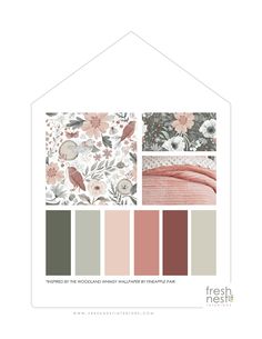 the color palette is shown in shades of pink, grey and white with flowers on them