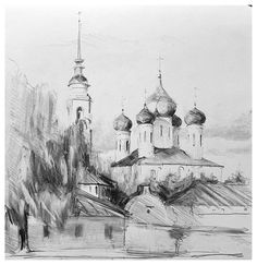 a pencil drawing of an old building with towers and domes on the top of it