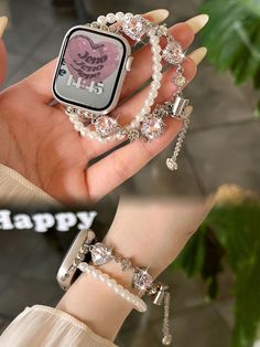 1pc Apple Watch Band Women's Pendant Bracelet Heart-Shaped Bright Marble Colored Rhinestone+ Imitation Pearl Bracelet, Compatible With Apple Watch Strap 38/40/41/42/44/45/49mm, Ultra2/1, Elegant White Pearl Beaded Stretch Bracelet, Applicable To Apple Watch Se Series 9/8/7/6/5/4/3/2/1, Ideal Gift For Girls, Fashionable Beaded Multi-Element Heart & Rhinestone Decor Bracelet.Apple Watch Band Bracelet That Looks Good With A Sweater. Apple Watch Strap Pink    Cubic Zirconia  Smartwatch Bands   Watch Accessories & Tools, size features are:Bust: ,Length: ,Sleeve Length: