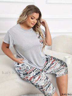 Katykey - Womens Plus Size Retro Loungewear Set: Letter Print Short Sleeve Round Neck Tee and Capri Pants Pajama Two Piece Set Gray Loungewear Sets With Pockets, Casual Sleep Sets With Letter Print, Casual Letter Print Sleep Sets, Casual Sleepwear With Letter Print Long Pants, Casual Loungewear Sets With Letter Print, Casual Letter Print Sets For Pajama Party, Casual Letter Print Pajama Party Set, Casual Letter Print Loungewear Sets, Casual Letter Print Sets For Loungewear