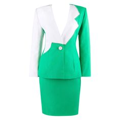 GIVENCHY S/S 1998 ALEXANDER McQUEEN 2pc Green Asymmetric Panel Skirt Suit Set Brand / Manufacturer: Givenchy Collection: Spring / Summer 1998 Designer: Alexander McQueen Style: Skirt suit set Color(s): Shades of bright green (blazer & skirt exterior, interior); off white (blazer exterior, interior) Lined: Yes Unmarked Fabric Content (feel of): Linen blend (blazer & skirt exterior); silk (blazer & skirt interior); plastic (hardware) Additional Details / Inclusions: Two piece skirt suit set; singl Chic Fitted Asymmetrical Sets, Fitted Asymmetrical Party Sets, Elegant Asymmetrical Fitted Set, Elegant Fitted Asymmetrical Set, Green Fitted Skirt Suit For Formal Occasions, Chic Fitted Green Skirt Suit, Chic Green Fitted Skirt Suit, Fitted Asymmetrical Sets For Spring, Retro Suits