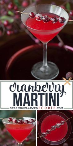 the cranberry martini is garnished with sugar and garnishes