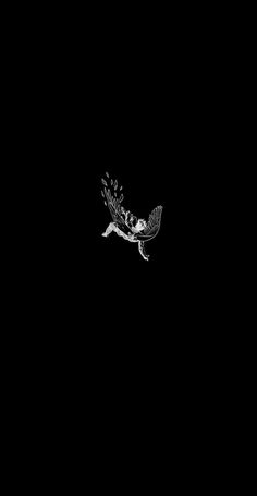 a black and white photo of a bird flying in the dark