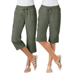 Versatile design: easily convert from capris to Bermuda shorts with the roll-up button tab, offering two stylish options in one. Light and breathable: crafted from airy cotton, ideal for staying cool and comfortable in warmer weather. Ample storage: features cute cargo pockets, along with side pockets and back patch pockets, perfect for holding essentials without adding bulk. Perfect fit: elastic waistband with adjustable drawstring ensures a customizable and comfortable fit every time. Sits at Capri Trousers, Tapered Joggers, Utility Pants, Woman Within, Straight Trousers, Tailored Trousers, Bottom Clothes, Pull On Pants, Straight Pants