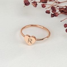 Rose Gold Initial Ring Engraved Dainty Heart Band - J F W Gold Initial Ring, Rose Gold Initial, Initial A, Heart Band, Initial Ring, Stacked Jewelry, Rose Gold Band, Gold Initial, Tiny Heart