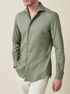 Luca Faloni | Moss Green Brushed Cotton Shirt - Made in Italy, Timeless Style. Handmade in Bergamo with the finest Italian brushed cotton from premium mill Grandi and Rubinelli. This shirt will bring understated luxury for the colder months and the in-between seasons. This cotton is brushed on the face side, creating a light, soft and silky texture that helps to trap heat while remaining breathable. It features the paramontura collar for a perfect and lasting shape and mother of pearl buttons. Luxury Cotton Slim Fit Tops, Timeless Cotton Tops For Semi-formal Occasions, Timeless Semi-formal Cotton Shirt, Luca Faloni, The In Between, Silky Texture, Understated Luxury, Bergamo, Mother Of Pearl Buttons