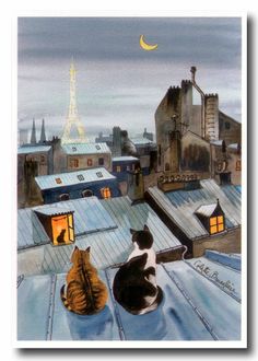 two cats are sitting on the roof looking out at the city and moon in the sky