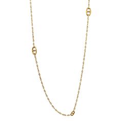 The Hermès Chaîne d'Ancre Yellow Gold Sautoir Necklace is a timeless and versatile piece of jewelry that epitomizes the brand's dedication to luxury and craftsmanship. Measuring 31.5 inches in length, this elegant necklace can be worn either long or doubled up, offering flexibility to suit different styles and occasions. Crafted from luxurious 18k yellow gold, the necklace features the iconic Chaîne d'Ancre links, a design that has become synonymous with Hermès since its creation in 1938. The Chaîne d'Ancre design is inspired by the shape of anchor chains, symbolizing strength and nautical elegance. Each link is meticulously crafted to ensure a smooth, polished finish that reflects light beautifully, adding a touch of brilliance to the wearer. The necklace's substantial length allows it to Luxury Elegant Chain Necklace With Polished Finish, Luxury Long Necklace With Double Chain, Luxury Gold Necklace With Polished Finish, Luxury Clavicle Chain Station Necklace, Luxury Yellow Gold Long Chain Necklace, Elegant Luxury Yellow Gold Long Necklace, Anchor Chains, Hermes Necklace, Hermes Jewelry