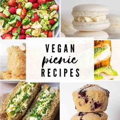 a collage of vegan picnic recipes with strawberries, cake, sandwiches and desserts