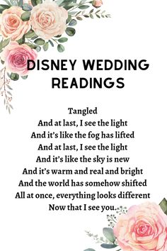 disney wedding readings with roses and greenery on the bottom, in front of a white background