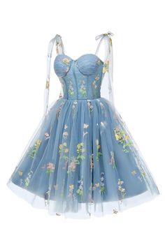 tie shoulders blue floral A-line short homecoming dress party dress #homecoming2023 Blue Boned Bodice Corset Dress For Spring, A-line Corset Dress For Homecoming In Spring, Spring Blue Corset Dress With Boned Bodice, A-line Corset Dress For Spring Homecoming, Spring A-line Corset Dress For Homecoming, Blue Corset Dress With Corset Back For Prom, Blue Summer Corset Dress With Boned Bodice, Spring Tulle Dress With Corset Back, Spring Homecoming Corset Dress With Corset Back