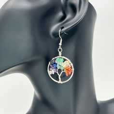 Chakra Jewelry, Mixed Stone Dangle Earrings, with 304 Stainless Steel Findings, Cardboard Boxes, Tree of Life, Size: about 56.5mm long, pendant: 34x28x12mm, pin: 0.8mm, box: 9.05x6.7x2.75cm. Dangle Crystal Alloy Earrings, Multicolor Alloy Jewelry As Gift, Multicolor Alloy Jewelry For Gifts, Multicolor Wire Wrapped Earrings As Gift, Multicolor Wire Wrapped Earrings For Gift, Handmade Alloy Earrings As Gift, Gift Crystal Earrings In Metal, Multicolor Crystal Earrings Gift, Multicolor Round Crystal Earrings Gift