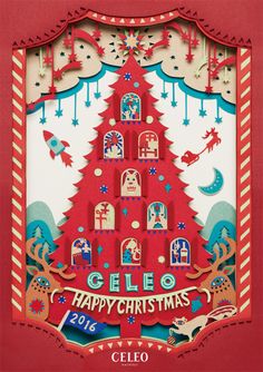 the celeo christmas card features an image of a tree with santa's sleighs on it