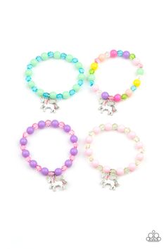 Colorful bracelets in assorted colors and shapes. Infused with a colorful unicorn charm, the stretchy bracelets feature polished and crystal-like beads is in the shade of pink.

 Sold as one stretch bracelet. Bracelets Colors, Unicorn Bracelet, Colorful Unicorn, Purple Coral, Unicorn Charm, Bracelet Pack, Green Ash, Wooden Bracelet, Kids Bracelets