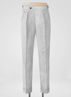 Maintain a distinct professional appearance by adding an extra bit of flair with our Italian Zod Light Gray Linen Trousers. Crafted from linen, these pants will keep you cool, sharp and stylish in summer.       Look Includes  Italian Zod Light Gray Linen Fabric  Cross Pocket  Forward 2 Pleats  Side Tabs (No Loops)- Arrow Shape  Bottom Cuff (1.5")  Two Welted Back Pockets on Trousers   You can change the look during customization if required.     Lining: Viscose, Dry Clean. White Linen Suit, Harris Tweed Fabric, Light Grey Suits, Fabric Cross, Scottish Fashion, Professional Appearance, Linen Suits, Herringbone Tweed, Blue Tweed